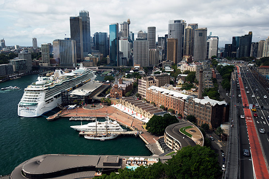 An aerial photo showing The Rocks, Circular Quay and the Sydney CBD