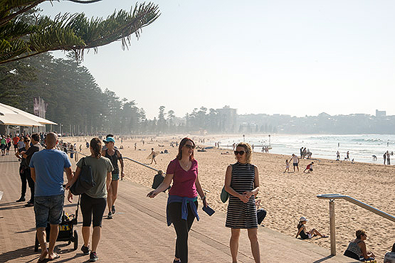 Women walk along the promenade at Manly Beach, Sydney