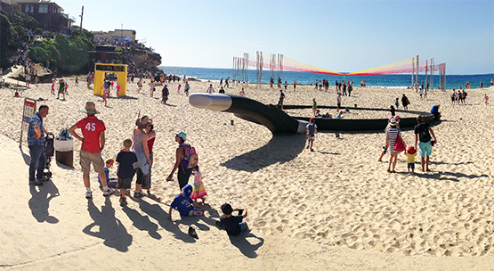 Artworks set up on Tamarama Beach during the 2014 Sculpture by the Sea exhibition.